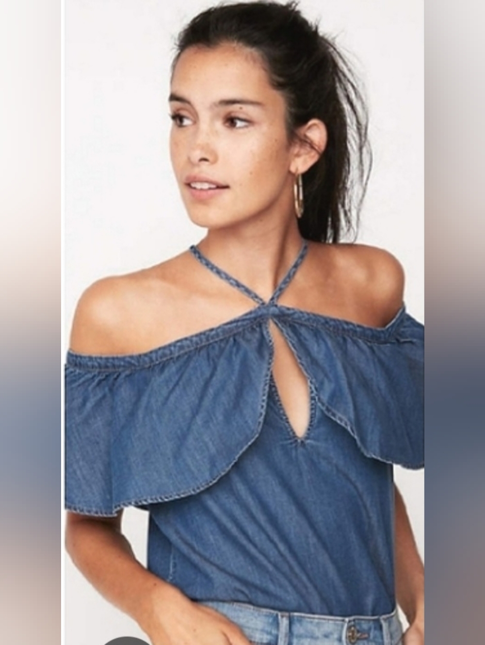 Express Chambray Denim Off-Shoulder Halter Top Small